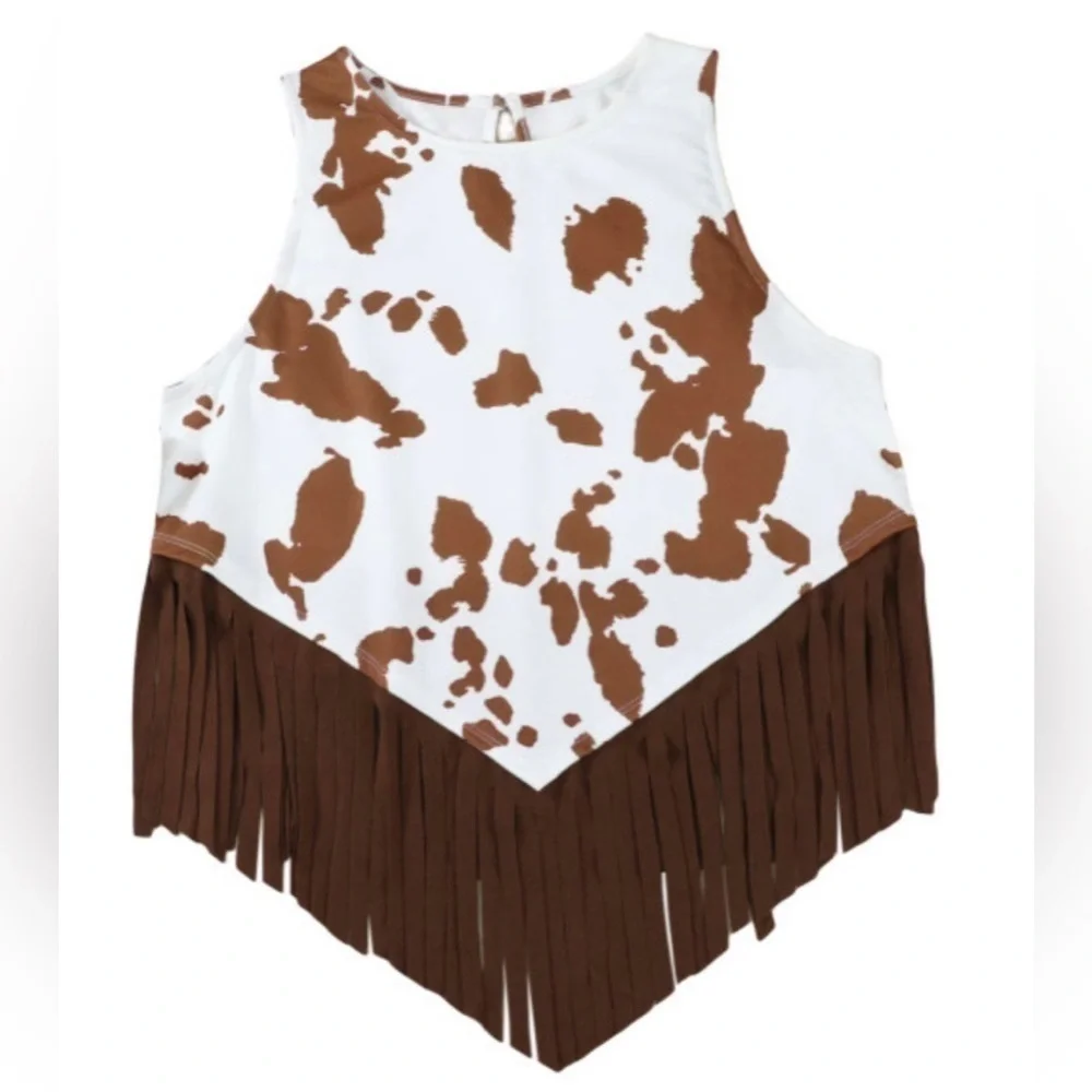White Cow Printed Fringe Hem Tank Top - Picture 4 of 4